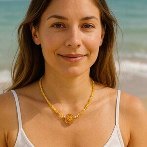 Handcrafted Yellow Beaded Choker W/Real Pearls 13.5" W/2' Extender